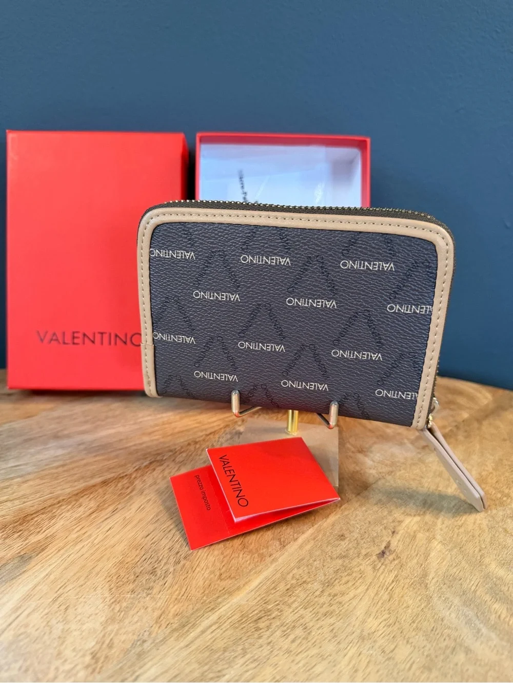 Valentino Brown Logo Zip Wallet with Beige Trim